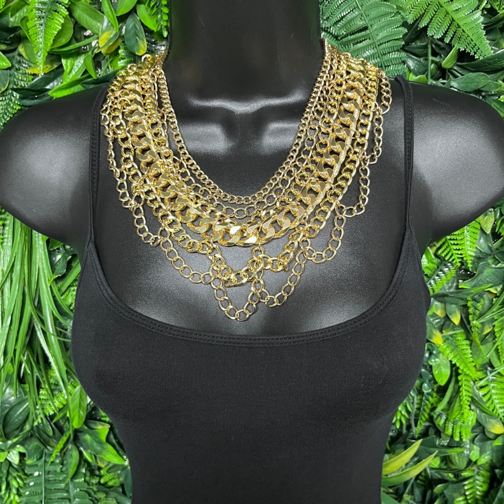 Chunky Tiered Gold Multi Strand Necklace Statement Bib Layered Chain‎ Edgy 3801